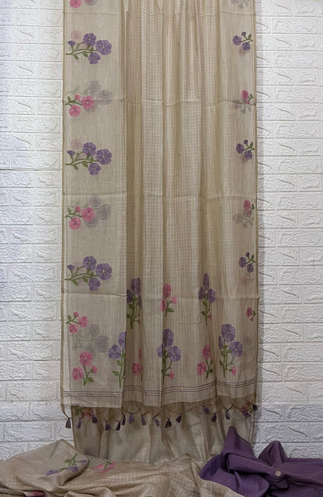 Cream colour with pink & purple floral handloom silk cotton jamdani saree