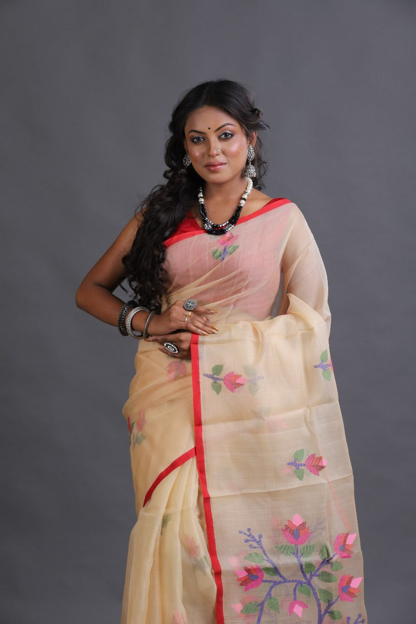 Cream colour with Red border multicolour  floral motifs handwoven muslin silk jamdani saree