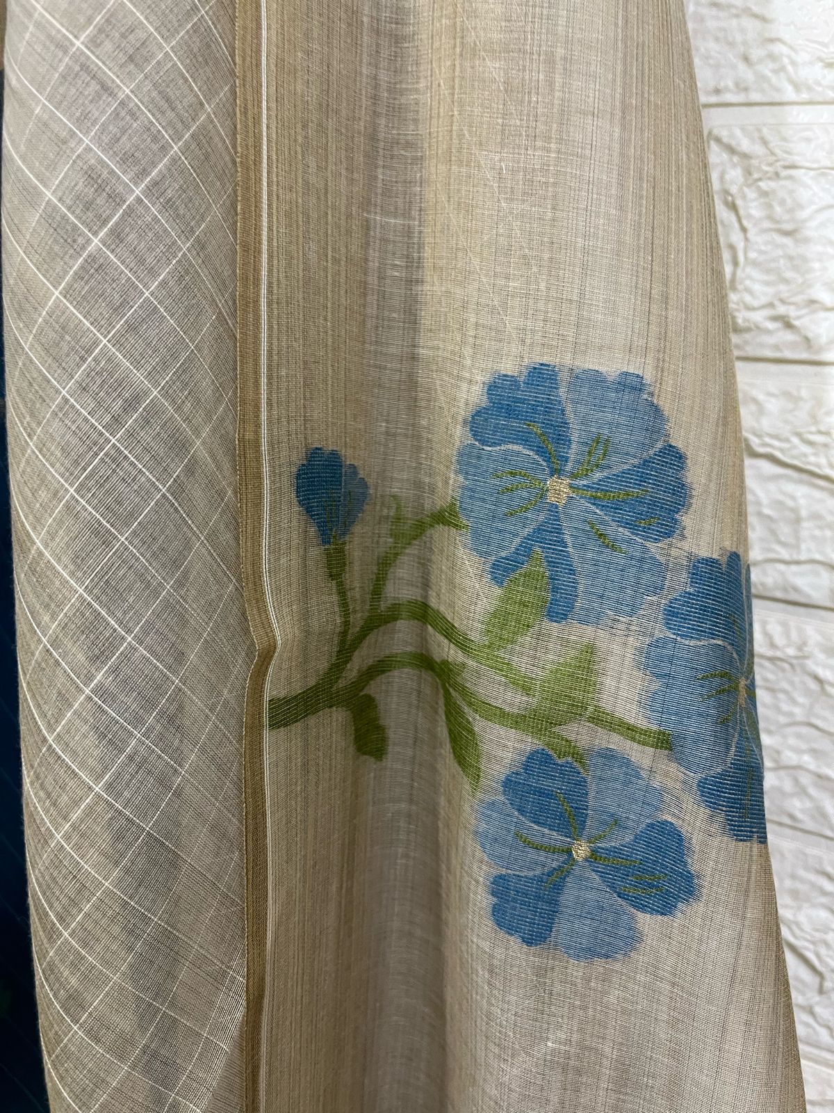 Cream colour with blue & firoza floral handloom silk cotton jamdani saree