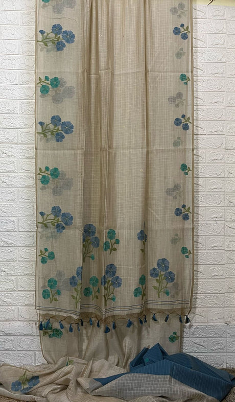 Cream colour with blue & firoza floral handloom silk cotton jamdani saree