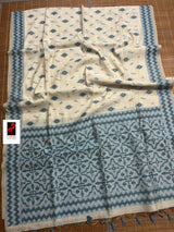 Cream with blue border pure cotton handloom saree - Tamal Boutique