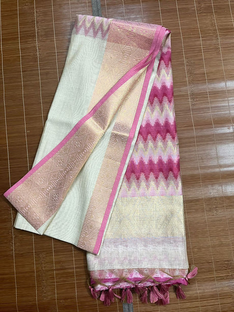 Cream with zari border pure cotton handloom saree - Tamal Boutique