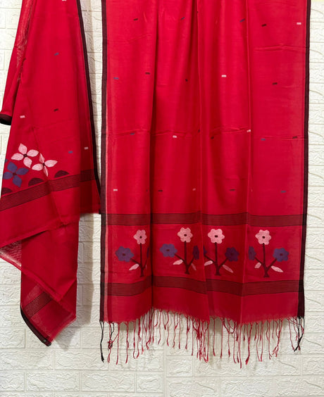 Dark Red colour pure cotton handwoven jamdani kurti & dupatta set