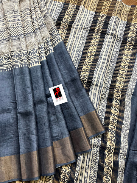 Dark ash with white combination hand block painted on zari tussar silk saree - Tamal Boutique