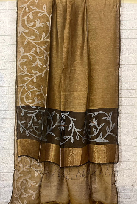 Golden beige with black colour floral border silk linen handwoven jamdani saree