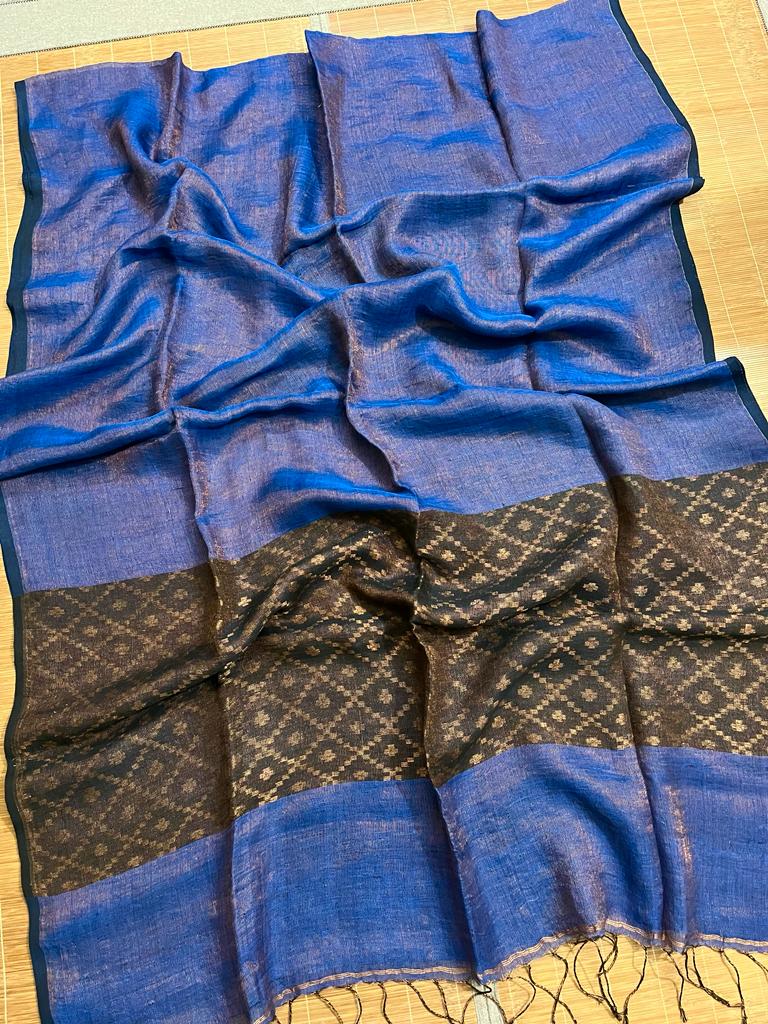 Blue with black zari linen pallu jamdani handloom saree - Tamal Boutique