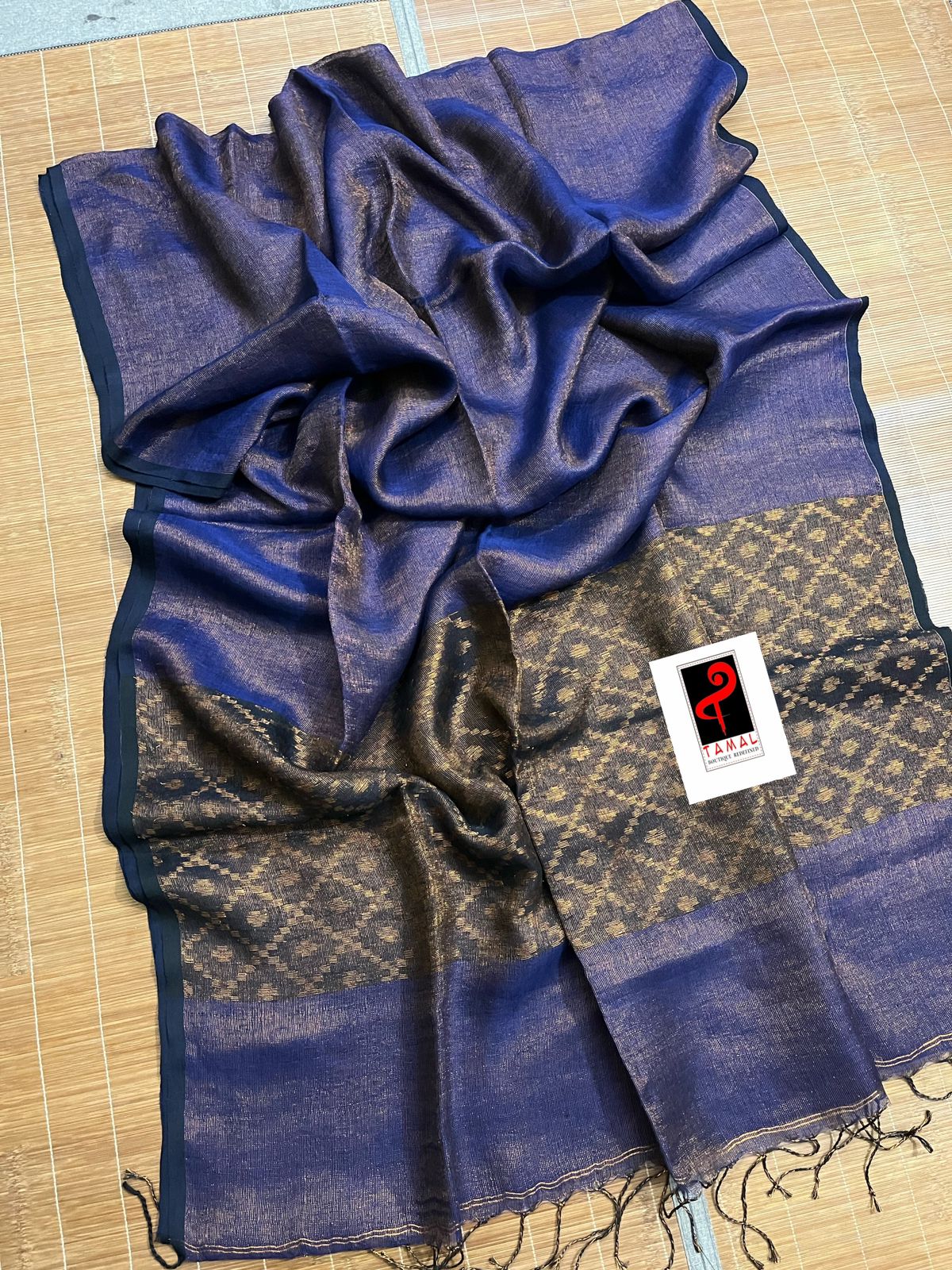 Dark blue zari linen pallu jandani saree - Tamal Boutique