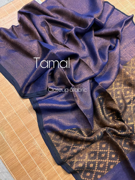 Dark blue zari linen pallu jandani saree - Tamal Boutique