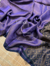 Dark blue zari linen pallu jandani saree - Tamal Boutique