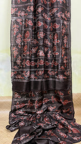 Dark chocolate brown Tussar silk hand batik saree