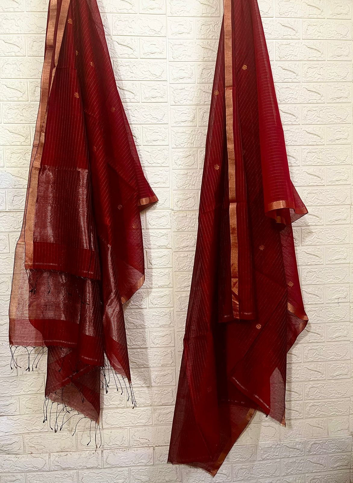 Dark red silk cotton kurti & dupatta handwoven jamdani piece - Tamal Boutique