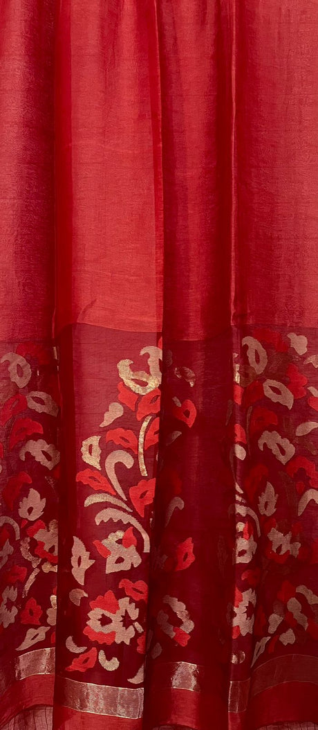 Cherry red silk linen handwoven jamdani saree
