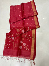 Dark Red with zari border floral border silk linen handwoven jamdani saree