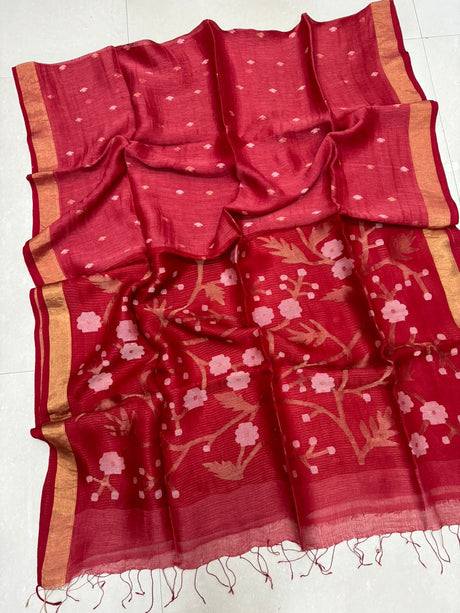 Dark red with zari border floral border silk linen handwoven jamdani saree