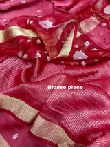 Dark Red with zari border floral border silk linen handwoven jamdani saree - Tamal Boutique