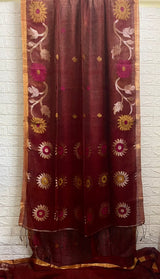 Dark rust colour sunflower motifs tissue linen handloom jamdani Saree