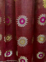 Dark rust colour sunflower motifs tissue linen handloom jamdani Saree