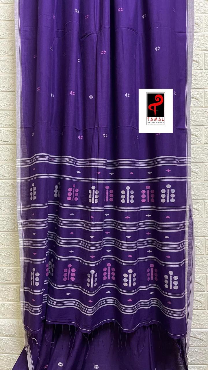 Deep purple coin pallu cotton handwoven jamdani saree - Tamal Boutique