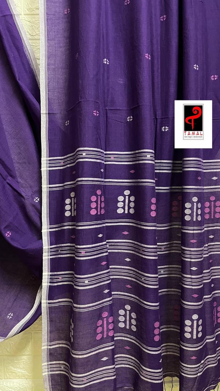 Deep purple coin pallu cotton handwoven jamdani saree - Tamal Boutique