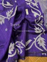 Deep purple with white alpona design handwoven matka silk jamdani saree