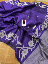 Deep purple with white alpona design handwoven matka silk jamdani saree