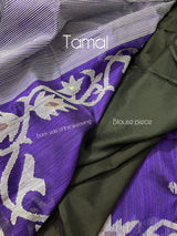 Deep purple with white alpona design handwoven matka silk jamdani saree