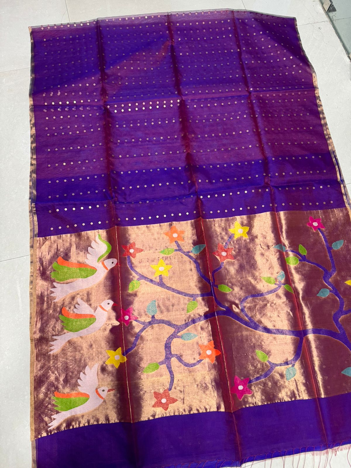 Dual Tone Purple bird Paithani Organza Silk handwoven jamdani saree - Tamal Boutique