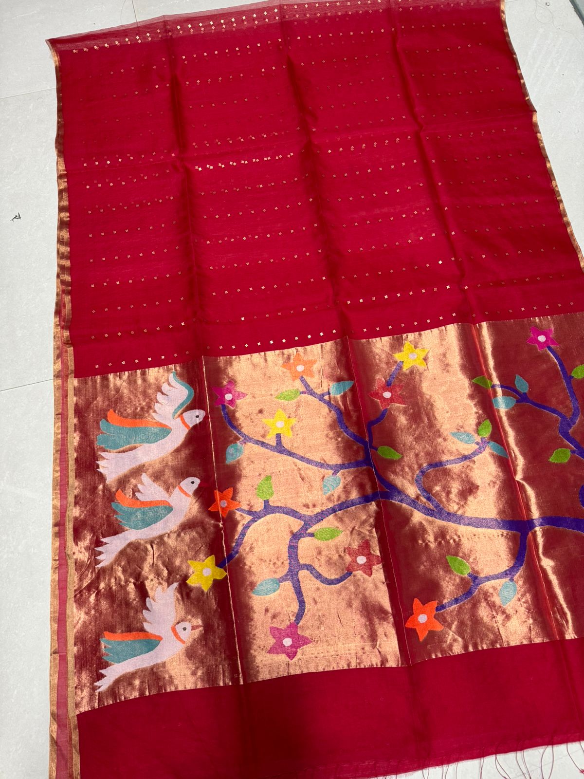 Red bird Paithani Organza Silk handwoven jamdani saree - Tamal Boutique