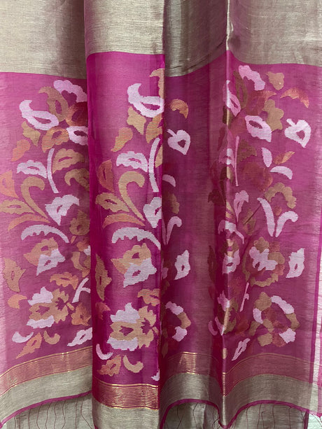 Dual tone lavender pallu silk linen handwoven jamdani saree - Tamal Boutique