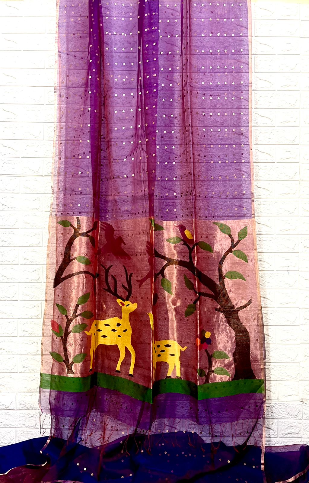 Dual tone purple with zari border paithani sequins handwoven organza silk saree