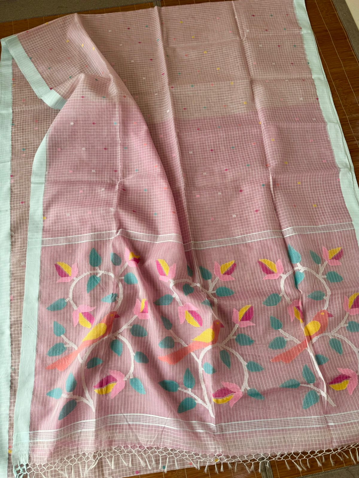 Dust pink with light sea green border Resham Muslin Kota silk handwoven jamdani saree