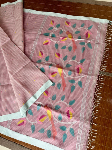 Dust pink with light sea green border Resham Muslin Kota silk handwoven jamdani saree