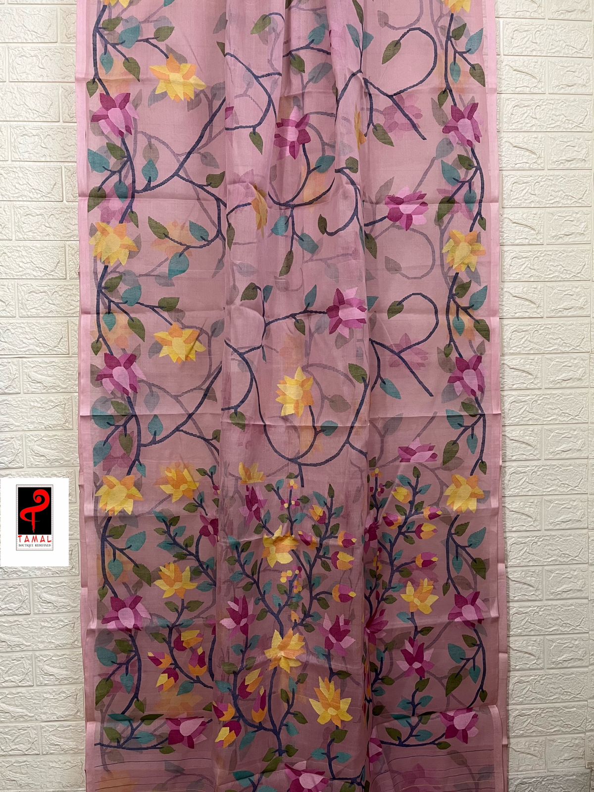 Light pink with multicolour 108 lotus motifs handwoven muslin silk jamdani saree