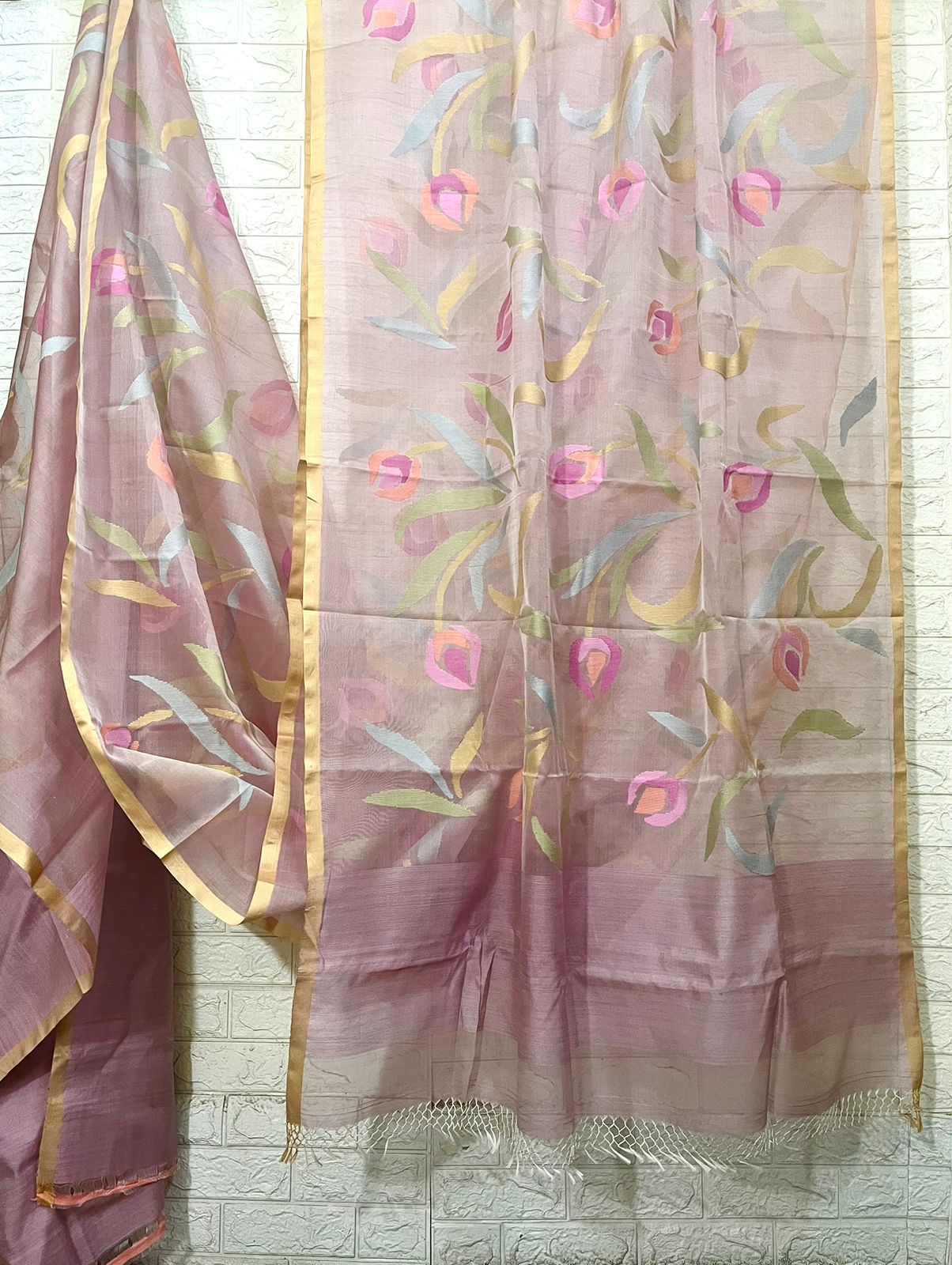 Dust pink with multicolour siviga tulip floral handwoven muslin silk jamdani saree