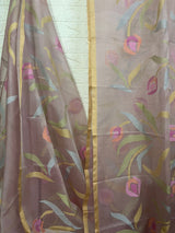 Dust pink with multicolour siviga tulip floral handwoven muslin silk jamdani saree