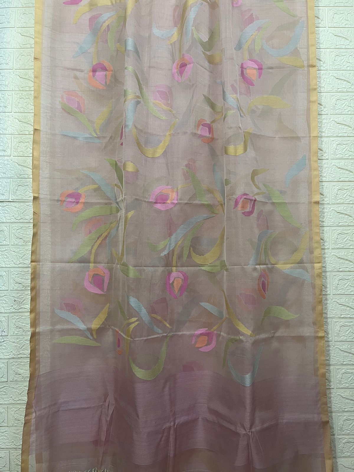 Dust pink with multicolour siviga tulip floral handwoven muslin silk jamdani saree