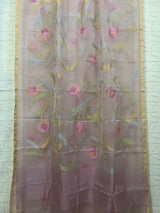 Dust pink with multicolour siviga tulip floral handwoven muslin silk jamdani saree