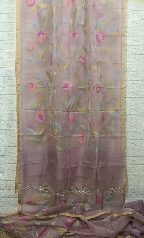 Dust pink with multicolour siviga tulip floral handwoven muslin silk jamdani saree