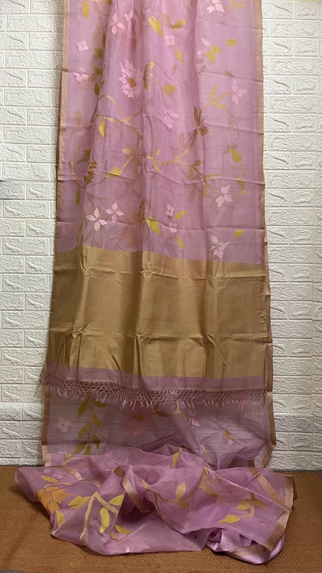 Dust pink with tusser border allover floral handwoven muslin silk jamdani saree