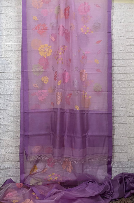 Electric Lavender mixed rose & orchid floral bouquet allover handwoven muslin silk jamdani saree
