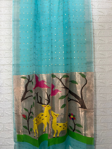 Firoza With Deer pallu sequins paithani Handwoven jamdani saree - Tamal Boutique