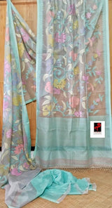 Firoza with light smoke gray and multi colour allover floral handwoven muslin silk jamdani saree