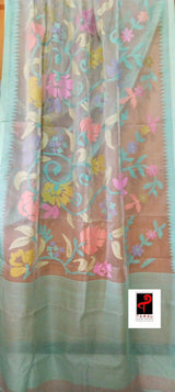 Firoza with light smoke gray and multi colour allover floral handwoven muslin silk jamdani saree