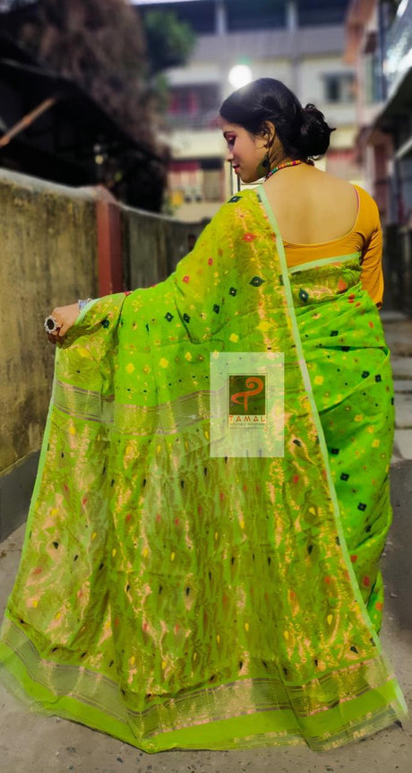 Fresh green with multi colour zari soft dhakai jamdani saree