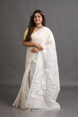White self with beige colour floral handwoven muslin silk jamdani saree