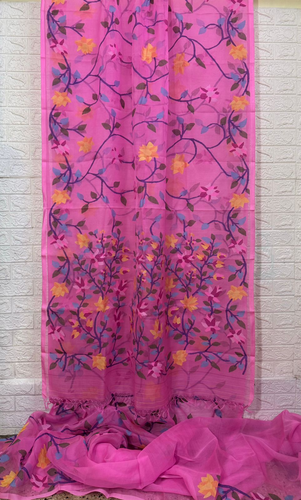 Fuchsia pink with multi colour allover floral motifs handwoven muslin silk jamdani saree