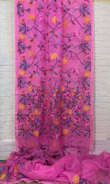 Fuchsia pink with multi colour allover floral motifs handwoven muslin silk jamdani saree