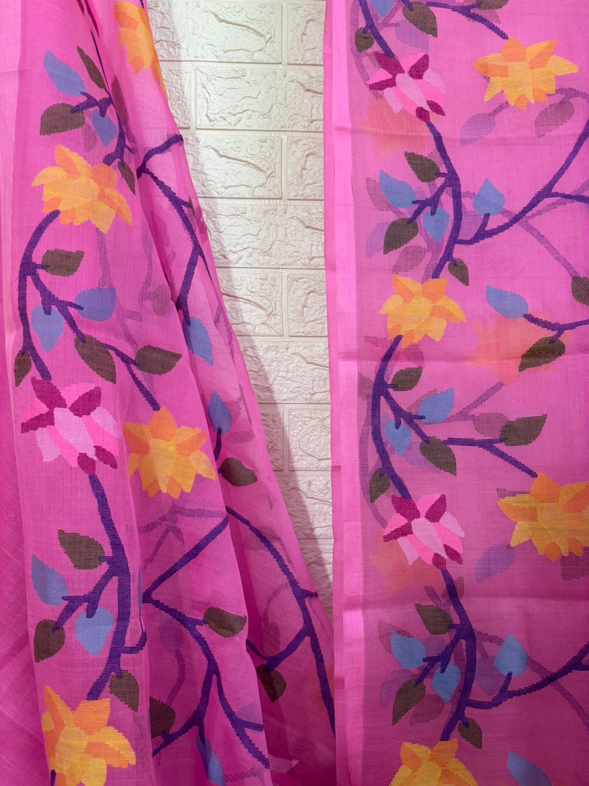 Fuchsia pink with multi colour allover floral motifs handwoven muslin silk jamdani saree