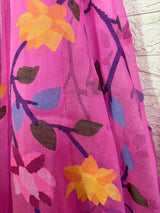 Fuchsia pink with multi colour allover floral motifs handwoven muslin silk jamdani saree