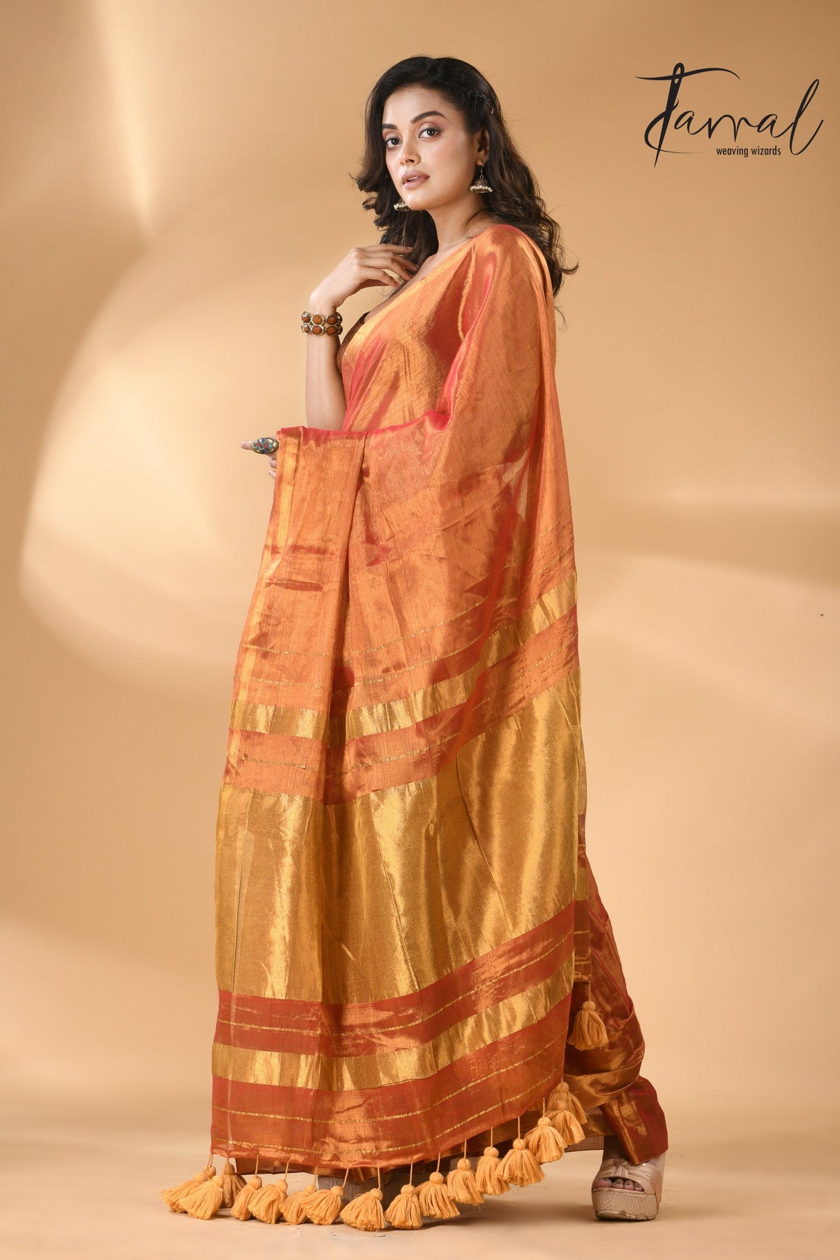 Golden orange tissue handloom saree right2